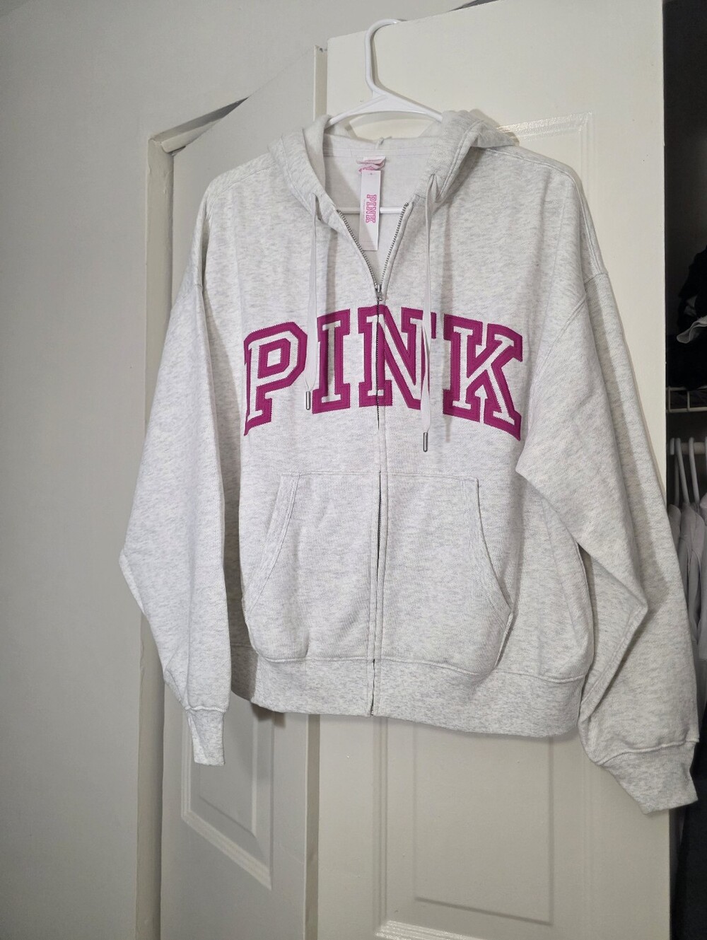 PINK Victoria's Secret Light Gray Zip Hoodie with Hot Pink Logo